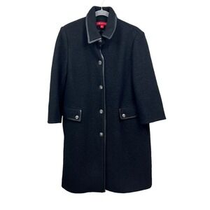 AK Anne Klein Wool Coat Jacket Women Leather Trim Lined 5 Button Pockets Black 8